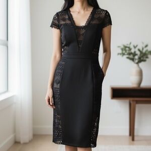Enfocus Studio Black Lace Midi Dress – Elegant Fitted Dress – Size 6